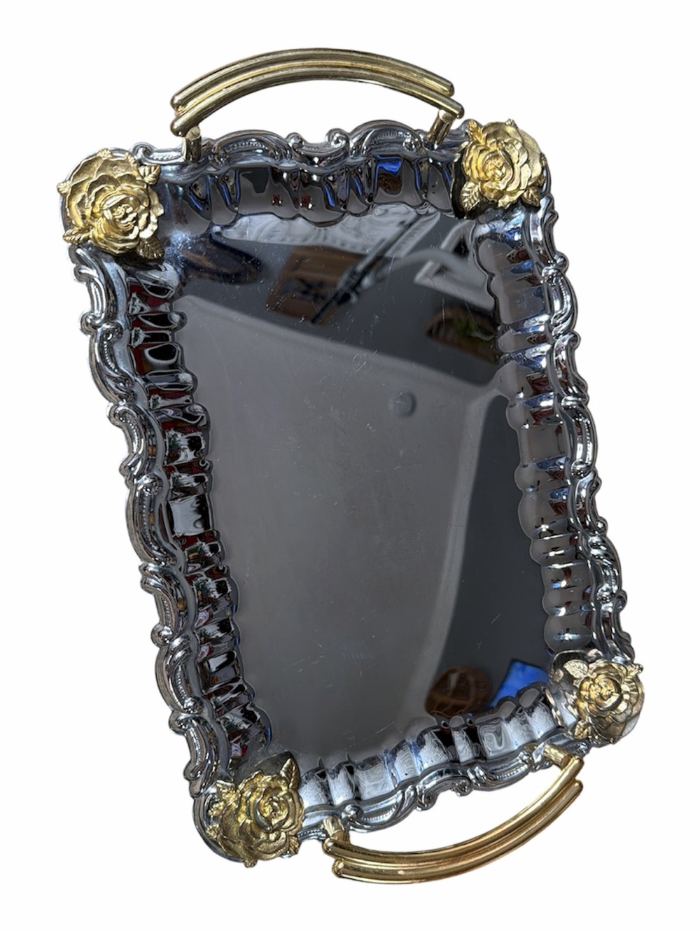 Vtg Ornate Decorative Mirror Tray with Gold Rose Accents
